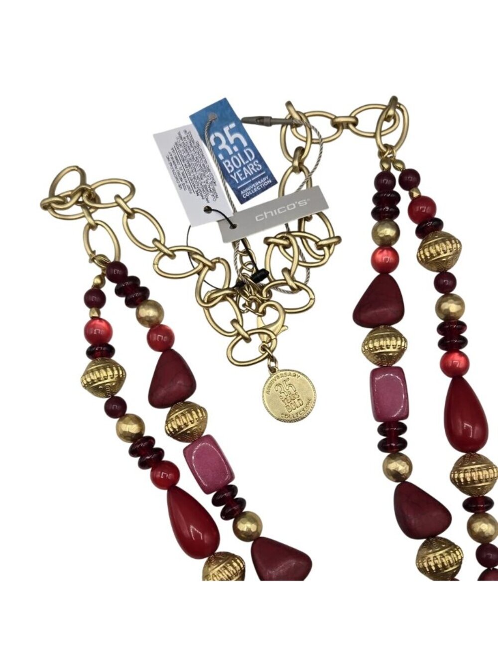 Vintage Chicos Red Statement Necklace Gold Beaded Fringe Bold 35th Anniversary - Picture 8 of 12